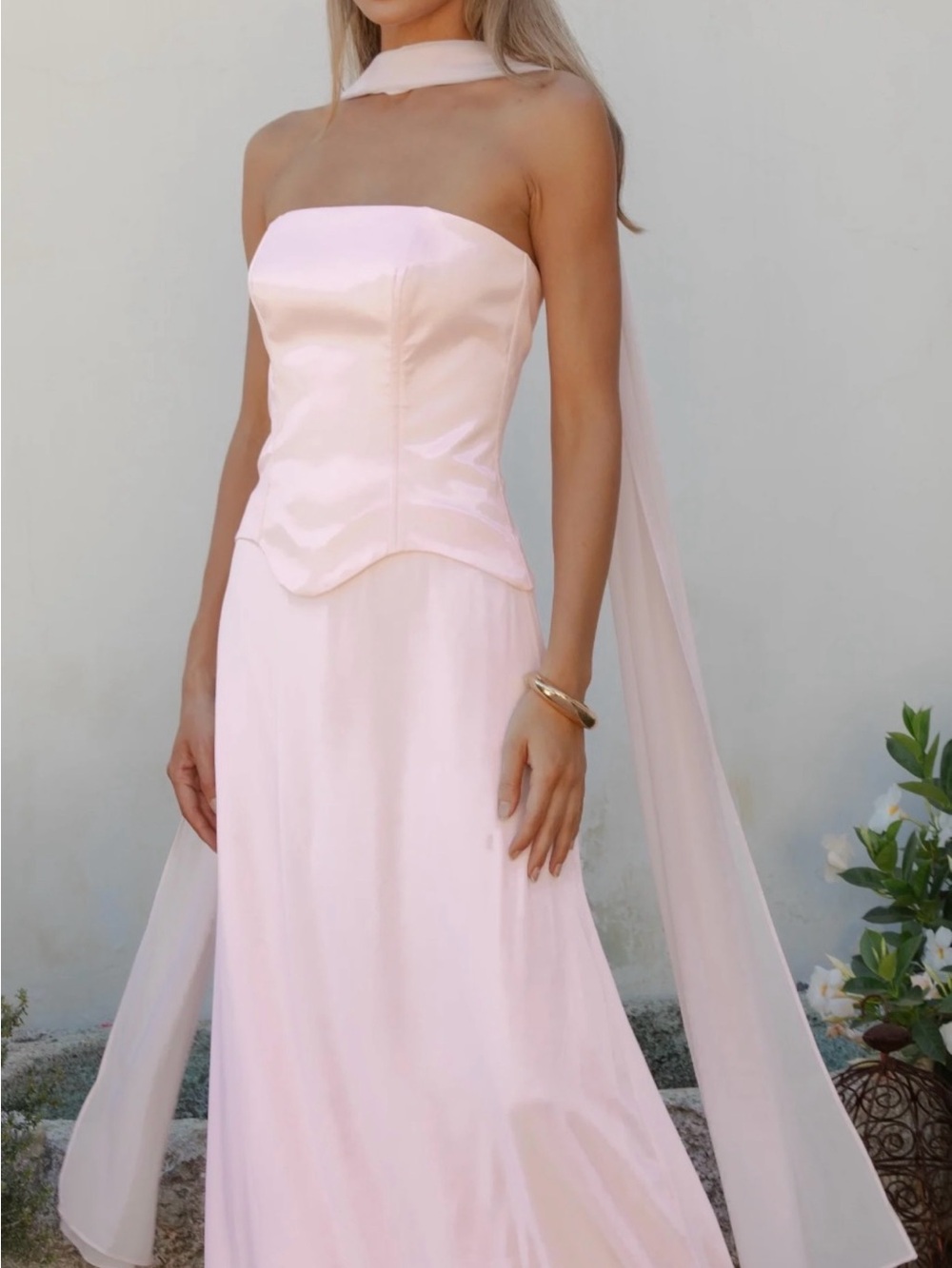 Show Me Your MuMu Strapless Blush Pink Satin Gown with Sheer Scarf